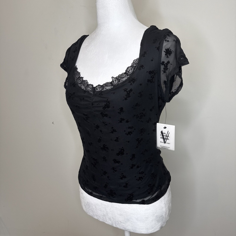 NEW Y2K Mesh Velvet Babydoll Top Lace Whimsigoth Dark Romantic Fairy Grunge M